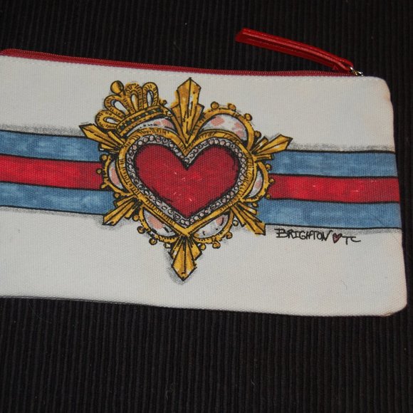 Brighton  White/Red/Blue Red Heart Cosmetic/Makeup Small Zipper Bag 9" x 5 1/2" - Picture 1 of 13
